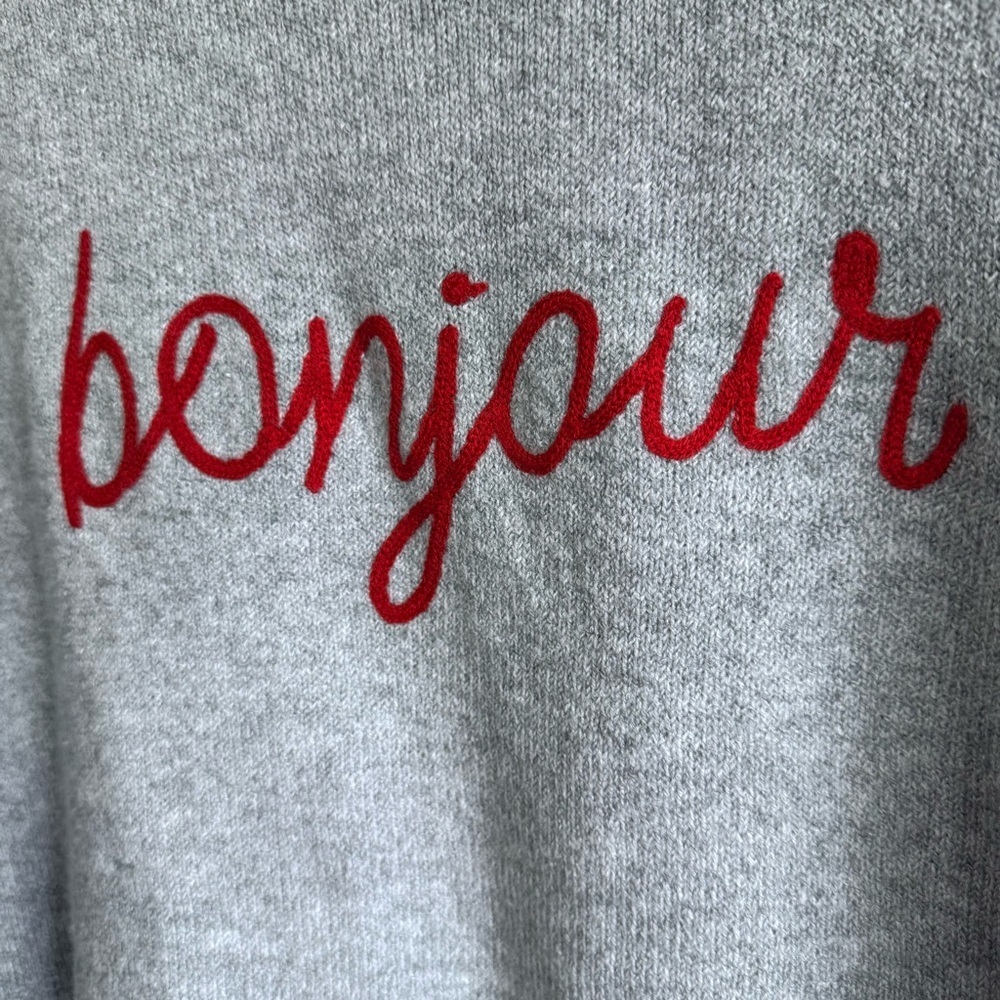 Madison + Hudson Grey Bonjour Graphic Sweater Red Cursive Embroidery NWT - Picture 2 of 6